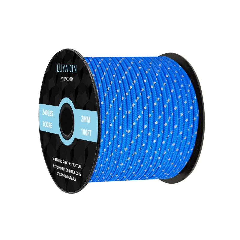 LUYADIN Reflective Paracord 240lb - Diameter 2mm Micro Utility Cord -3 Strand Parachute Spool Cord - 100ft 200ft,Paracord for Camping,Hiking,Fishing,Outdoor and DIY - Image 1